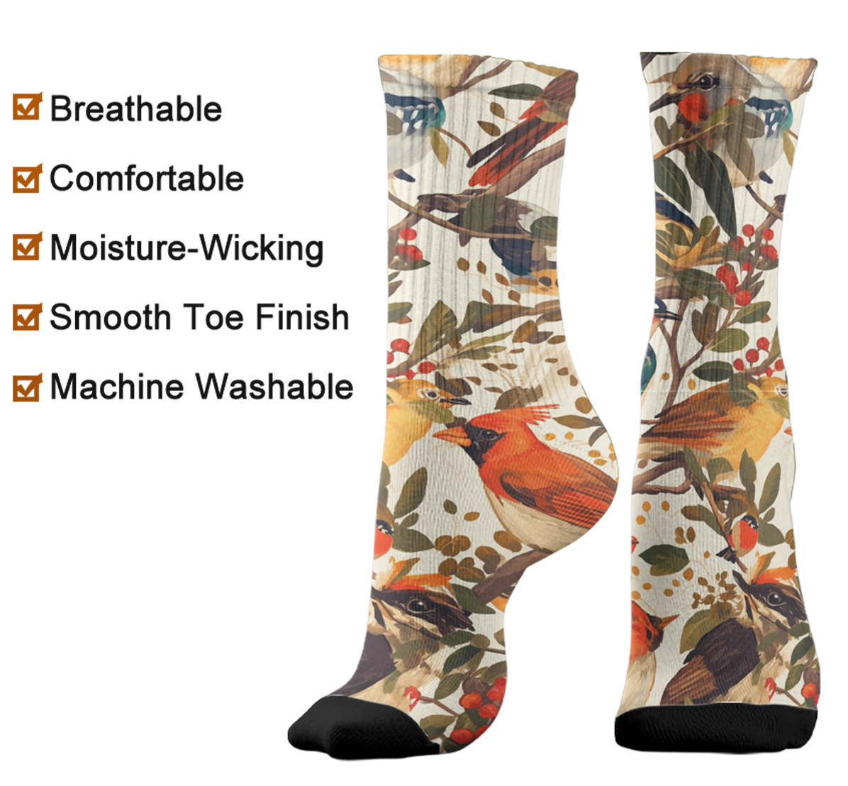 boho bird print crew socks nature inspired fashion crew unisex socks breathable quickdry material