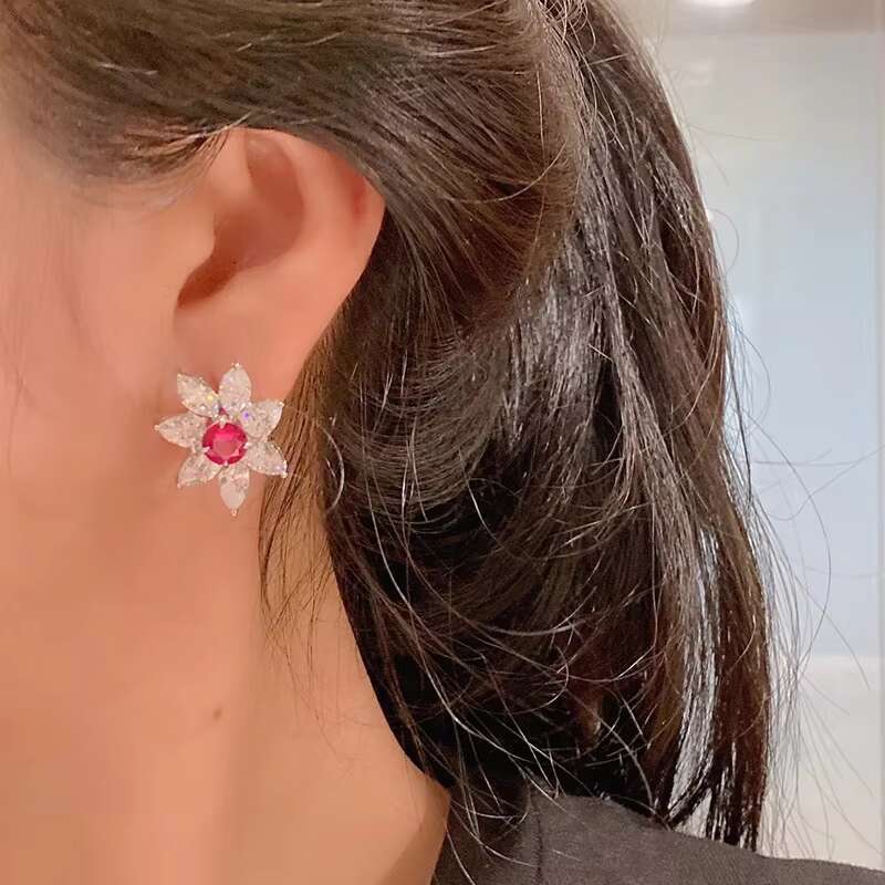 Exquisite Flowers Design Ruby Red Crystal Silver Plated Earring for Wedding Engagement Cubic Zircon Hoop Earrings Women