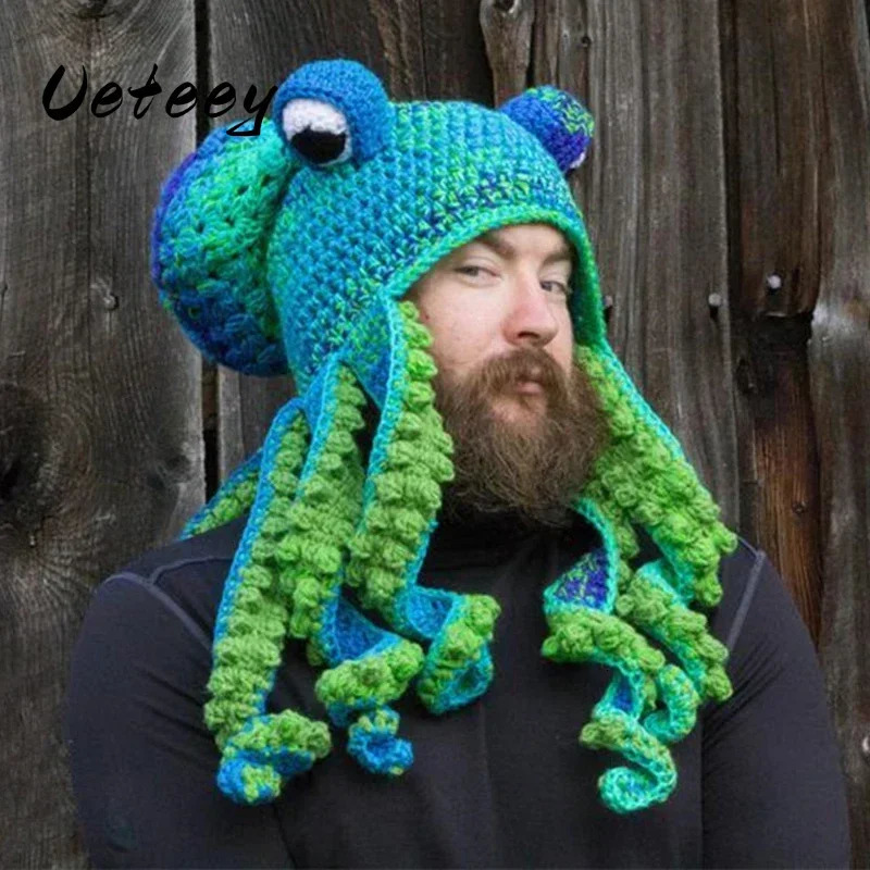 Ueteey Handmade Crochet Octopus Hat Unisex Soft Crochet Beanies Birthday Christmas Year Gft for Halloween Costume Cosplay 250712