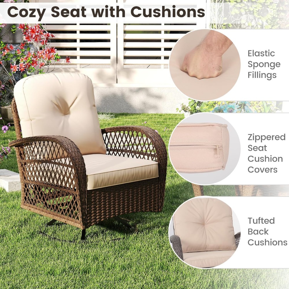3 Pieces Wicker 360° Dwe74 Swivel Rocker Set Patio Furniture, Rocking Chairs With Cushions, Tempered Glass Coffee Table, Outdoor Ratt
