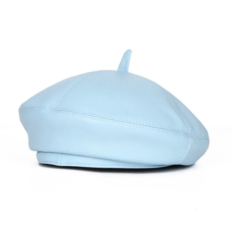 Spring/Winter 100% Real Leather Beret Hat Women Fashion European Pumpkin Painter Caps Female Rainbow Color Purple/Blue Thin Boin 250712
