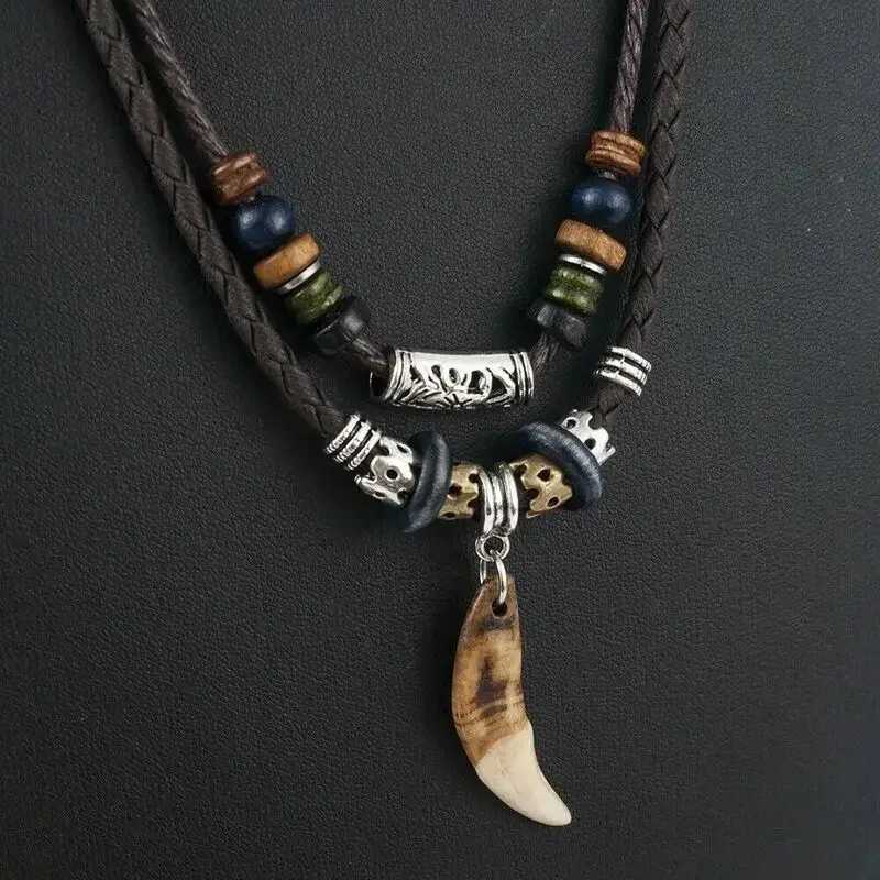 Fashion Mens Goth Multi-layer Vintage Wolf Tooth Pendant ather Beaded Weaved Prayer Necklace Fashion Jewelry Necklaces W250712