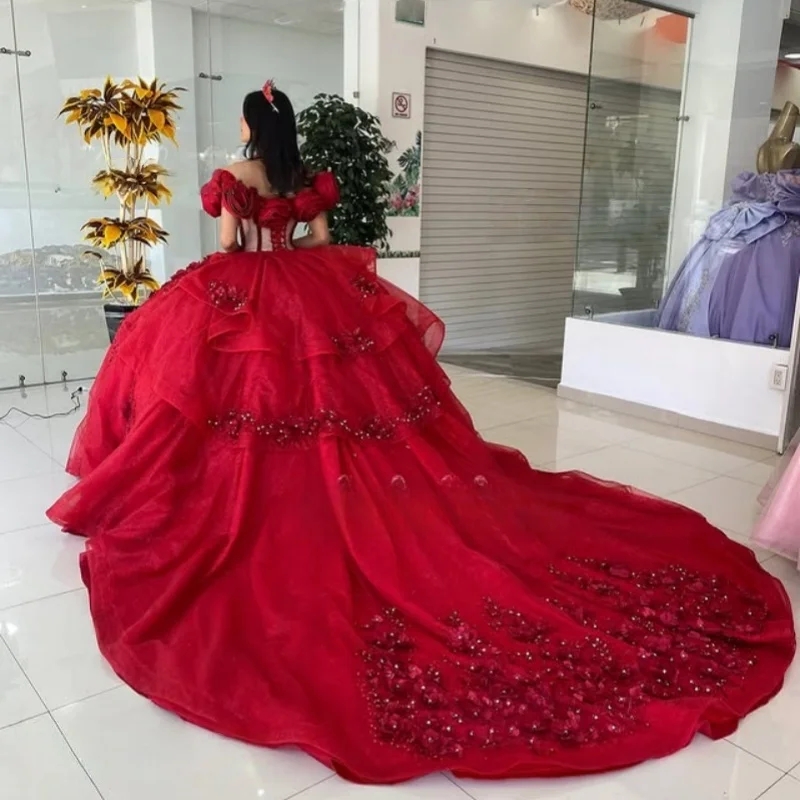 Red Shiny Quinceanera Dresses Off the Shoulder Applique 3D Flower Lace Beads layering Long tail Vestido 15 De Anos Sweet 16 Dress