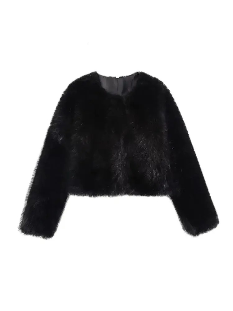 TRZA-Womens Thick Warm Faux Fur Cropped Jacket O Neck Long Sleeve Female Outerwear Chic Tops Fashion 250708