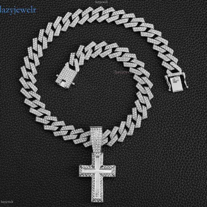DHcollection Hip Hop Men's Jewelry Iced Out 15mm Width Cuban Chain With Alloy and Rhie Cross Pendant Necklace