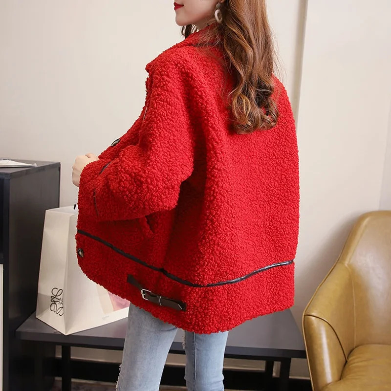Women Autumn Winter Lamb Wool Faux Fur Thick Plush Warm Cardigan Coat Female Oversized Long Sleeve Turn-down Collar Outerwear 250708