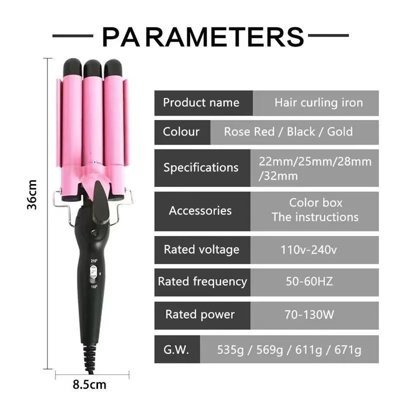 Hair Curling Iron with 3 Barrel Hair Curler Two-level Temperature Control Pink Egg Roll Hair Waver for Women Beach Waves 250712