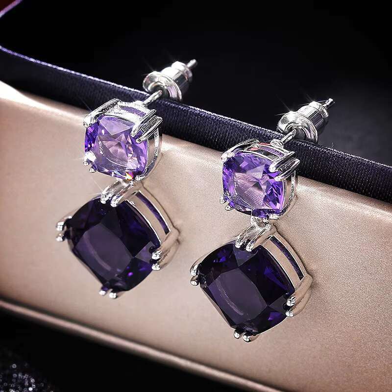 Double Square Purple Gemstones Dangle Earrings Refine New Drop Earrings Romantic Party Earrings