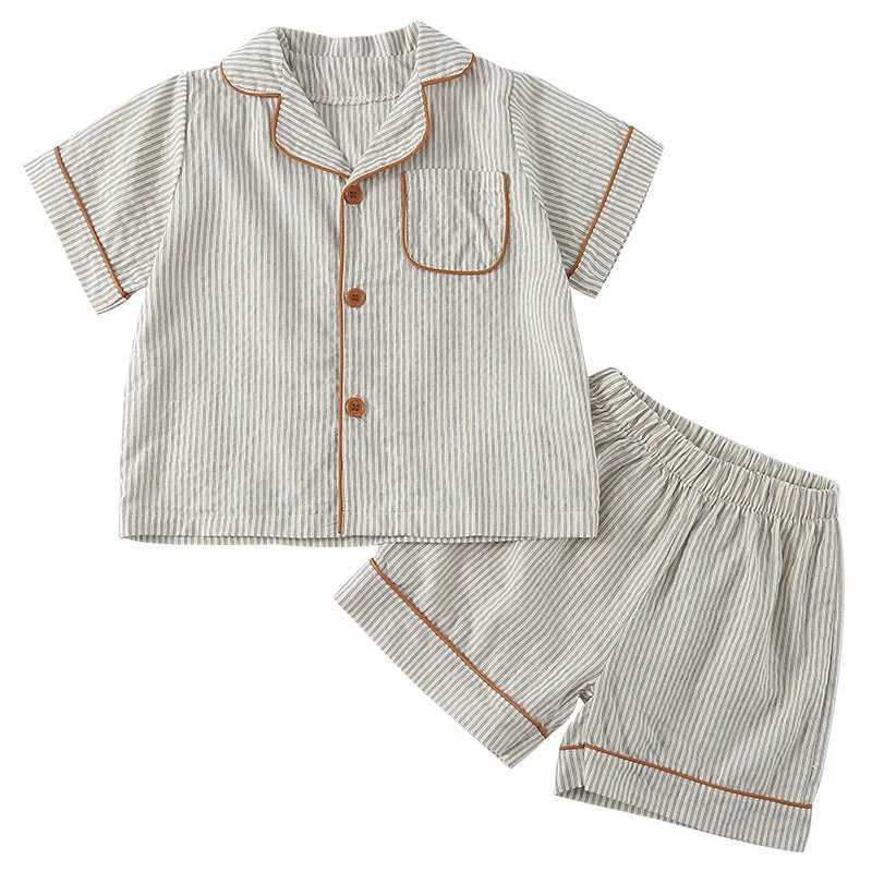 2025 Summer Kids 2PCS Sleepwear Cotton Thin Striped Turn Down Collar Tops Shorts Suit Toddler Baby Homesuit Childrens Pajamas Z250712