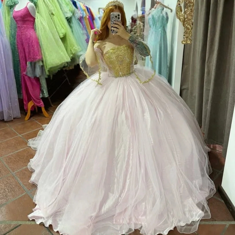 Light Pink Quinceanera Dresses Off the Shoulder Applique Lace Party Birthday Long tail Vestido 15 De Anos Sweet 16 Dress
