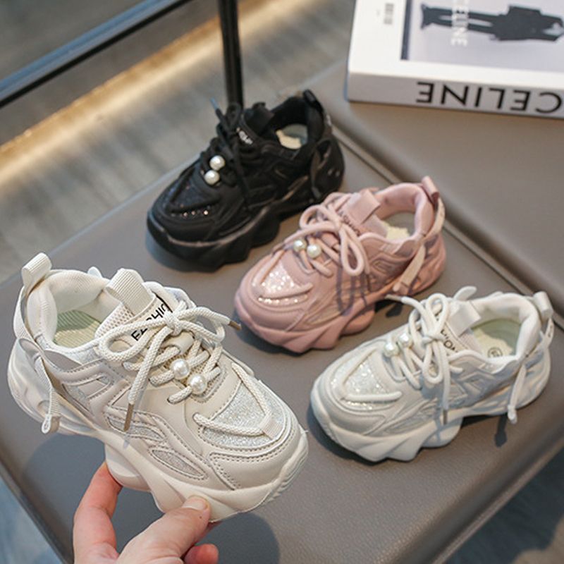 Girl Shoes For Kids Fashion with Pearl on Lace Girls Sport Trainers Running Tennis Youth Outdoor Sneakers Shoes Big Sizes US9C-US4Y 000123