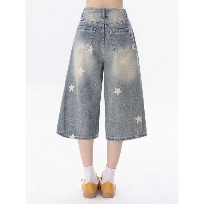 2025 Summer new women's pants women's denim shorts new retro star print loose fit popular cropped pants new designer pants