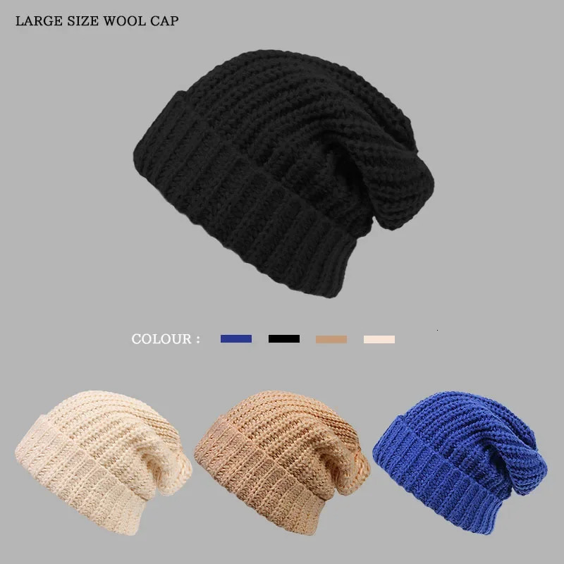 Korea Oversized Big Szie Knitted Hat Mens Winter Large Size 58cm 60cm Warm Cold Ear Protection Beanies Skullies Caps Women 250712
