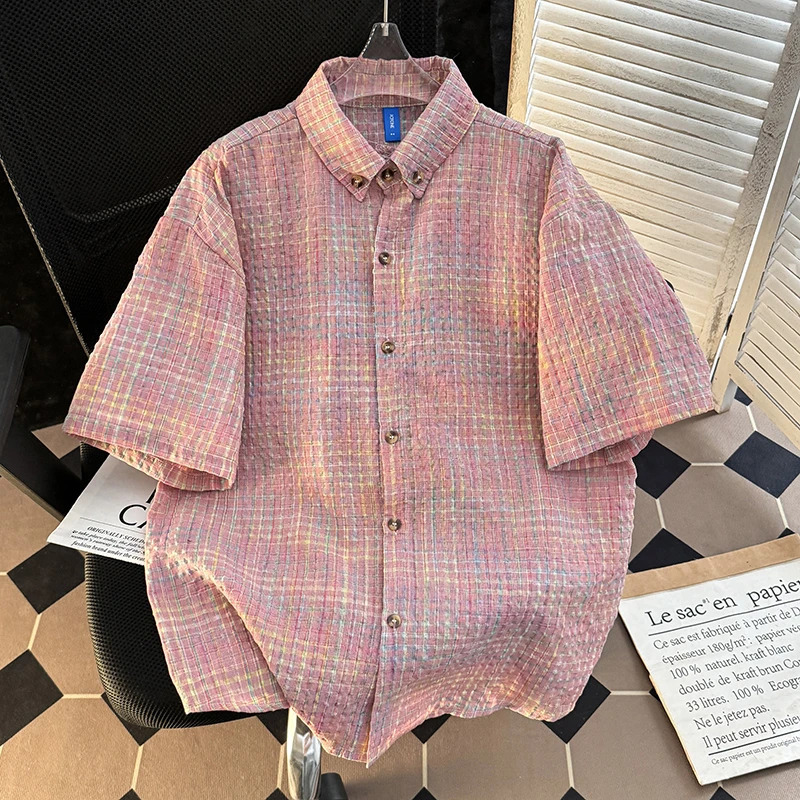 Short Sleeve Shirt Men Japanese Retro Summer Casual Loose Solid Plaid Coats Versatile Seersucker Ice Silk Tops 250707