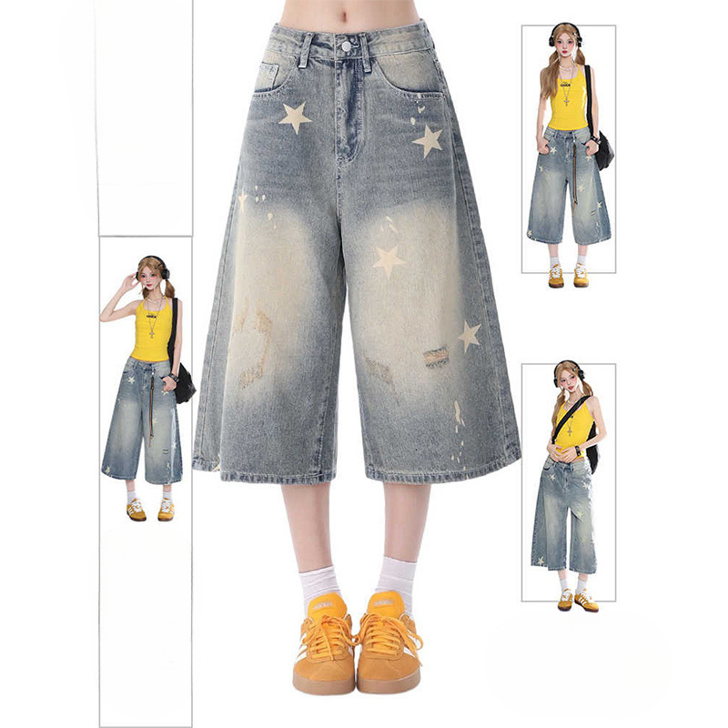 2025 Summer new women's pants women's denim shorts new retro star print loose fit popular cropped pants new designer pants