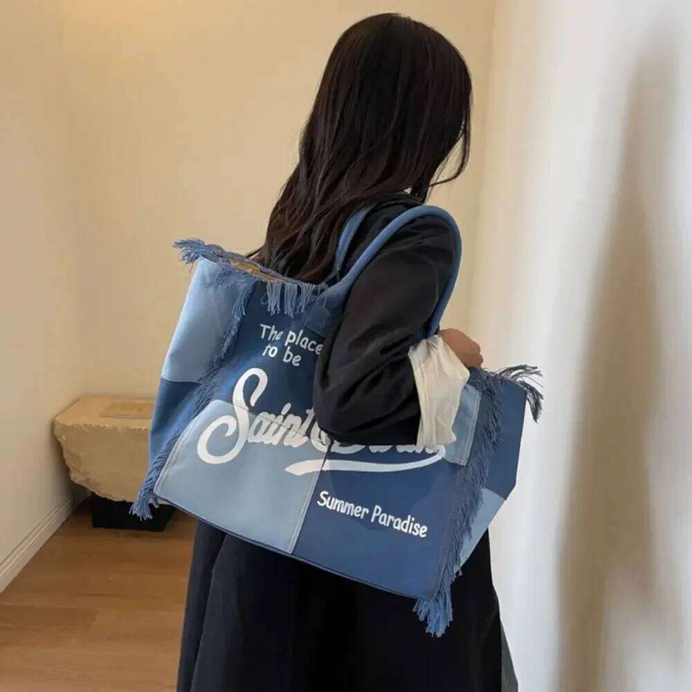 Evening Bags Spring Summer Leisure Holiday Fringe Yellow Striped Printed Travel Bag Large Capacity Thick Canvas Tote bag