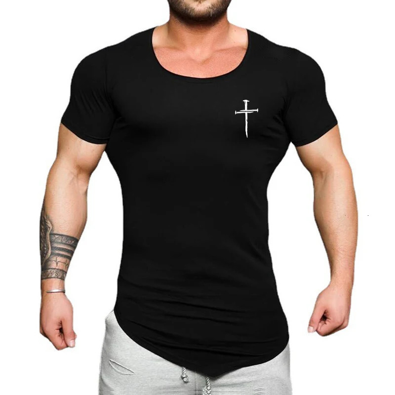 Personalized Cross Print Short Sleeve Slim Fit Shirt Mens Running Sport Fitness Cotton Tee Tops Gym Bodybuilding Workout TShirt 250707