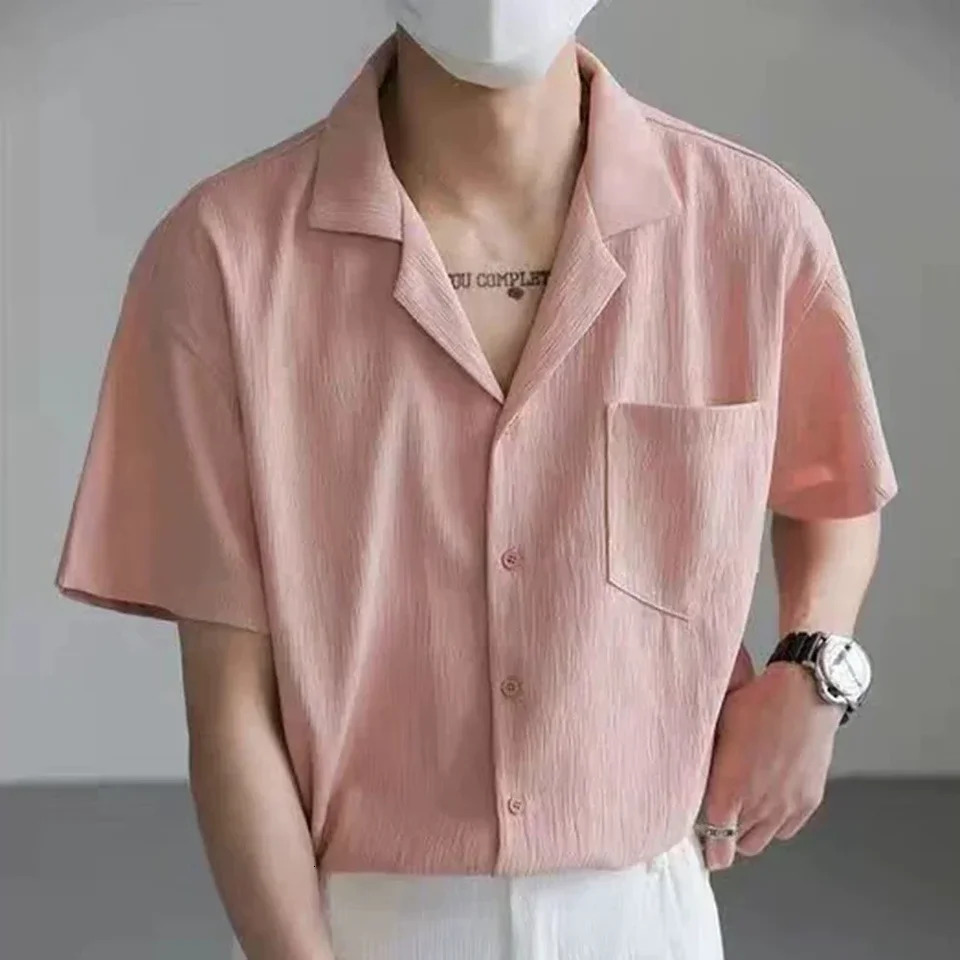 Ice Silk Short-sleeved Shirts Men Non-ironing Drape Solid Color Short Sleeve Shirt Oversized All-match Loose T-shirt Streetwear 250707