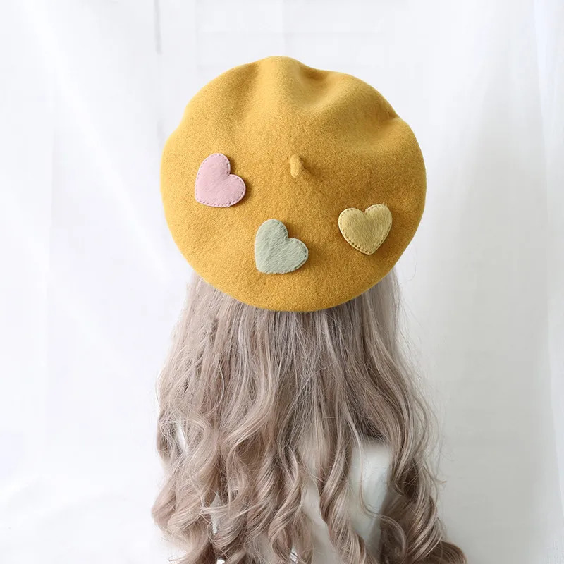 Cute Girls Kawaii Little love Beret Sweet Lolita Headwear Purple Beanies Hat Handmade Wool Felt Women Beret Wholesale 250712