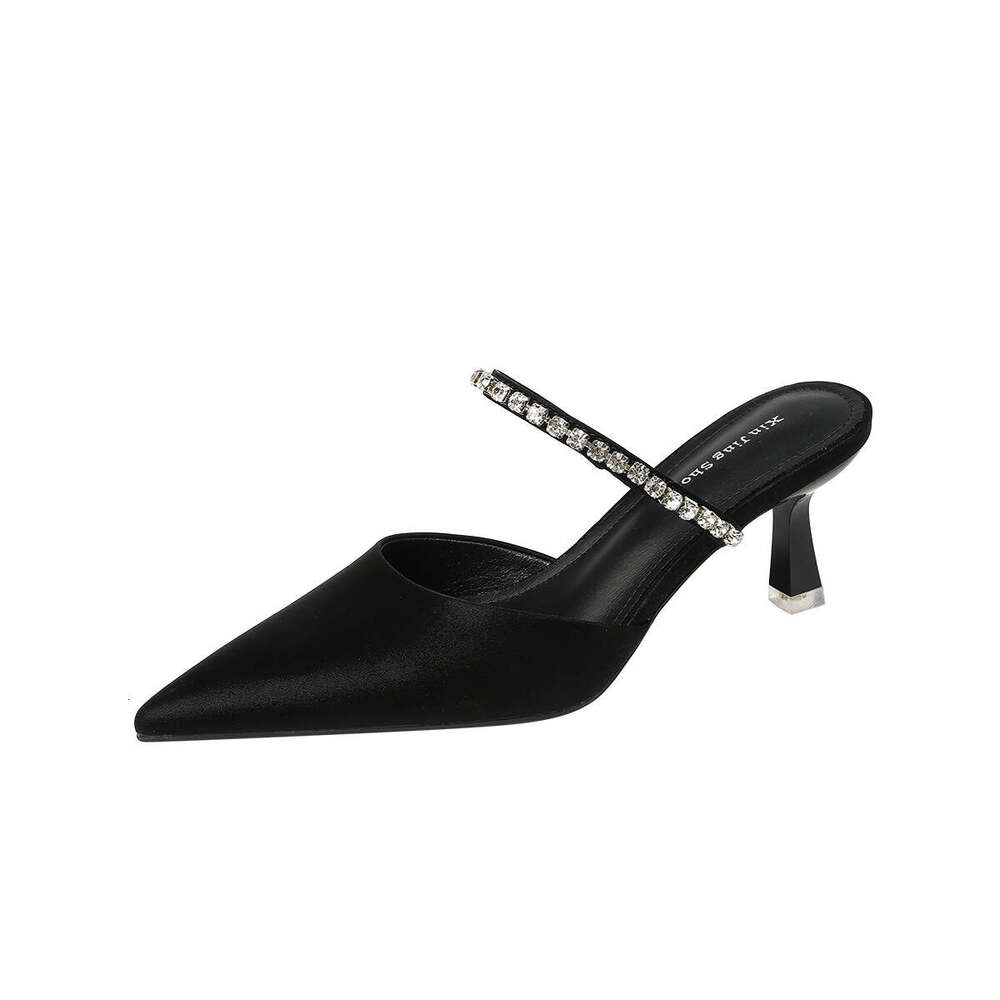 699-102 One-Strap Rhinestone Shallow Pointed High Heel Pumps Black Sexy Closed-Toe Backless Half-Slip Women's Shoes