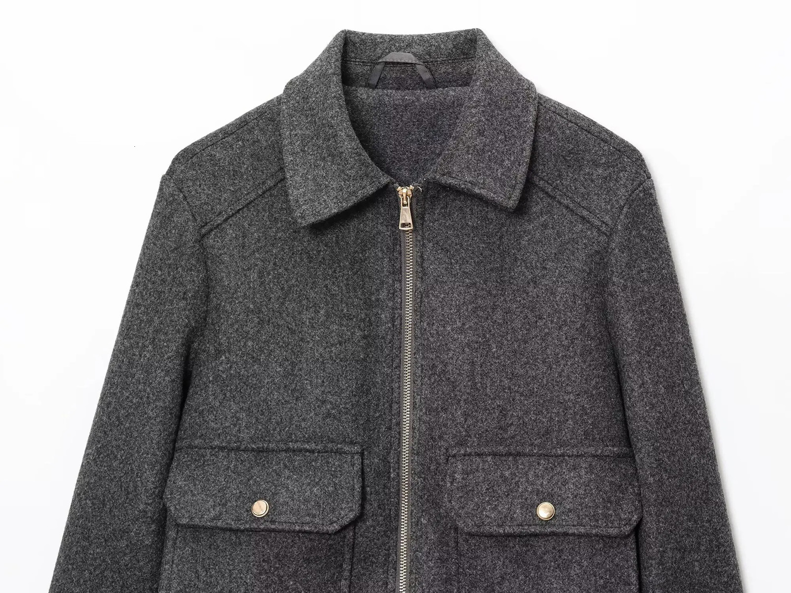 MYST ZA2025 arrivals Womens wear Classic all-match solid color pocket zipper cardigan straight short lapel tweed jacket 250709