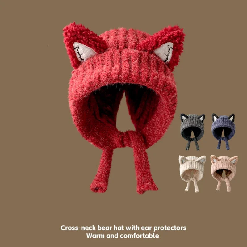Japanese Cute Fox Ears Pullover Y2K Hats for Women and Men Winter Outdoor Leisure Warm Versatile Ear Protection Beanies Cap 250712