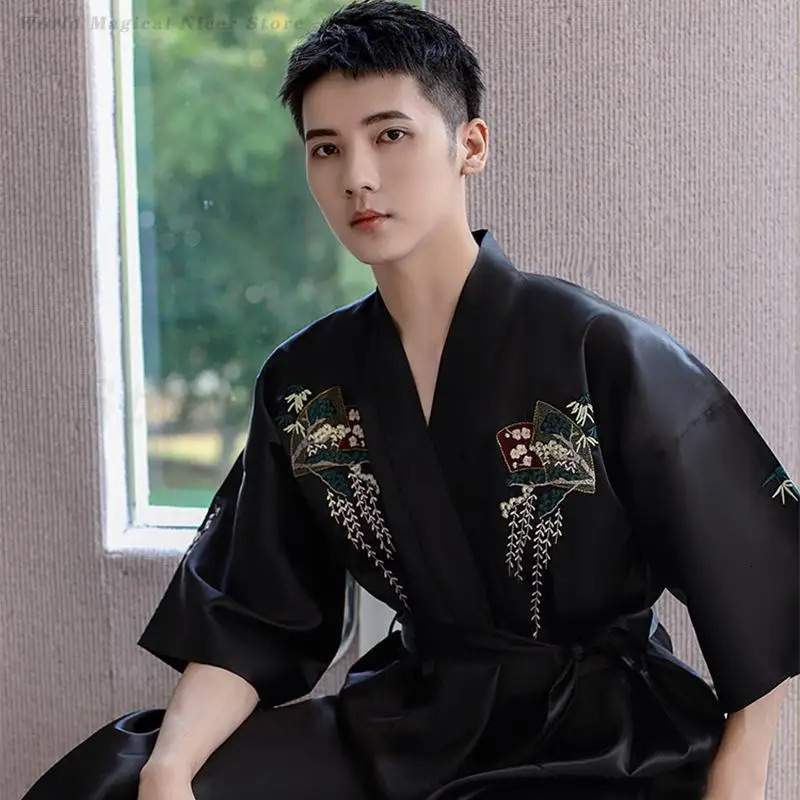 Mens Kimono Bathrobe Spring Summer Satin Sleepwear Loose Comfortable Male Nightwear Home Clothes Mid Length Casual Robe Pajama 250710