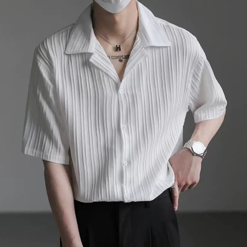 Mens Shirt Black Loose Short Sleeve Male Shirts with Collar High Quality Sleeves Silk in Vintage Slim Fit 250707