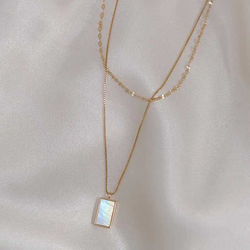 Stylish Natural Shell Square Pendant Necklace Stainss Steel Metal Layered Collar Titanium Charm Jewelry Waterproof W250712