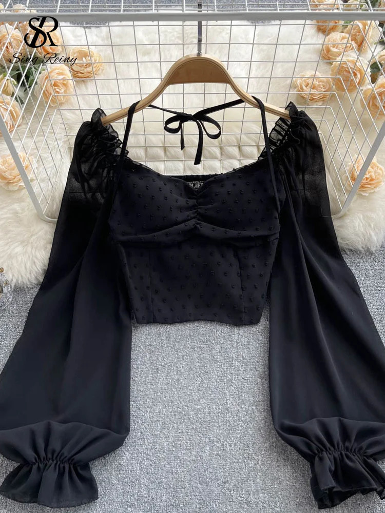 SINGREINY Polka Dot Folds Short Blouse Summer Slash Neck Long Sleeve Women Tie Halter Elastic Waist Fashion French Beach Top 250708