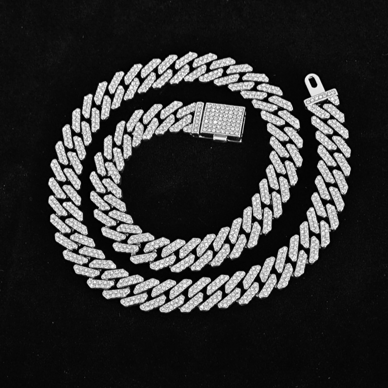 Luxury Jewelry Designer Jewelry New European And American Hip Hop Trend 12mm Bar Shape Small Flip Chain Full Diamond Necklace Large Gold Chain