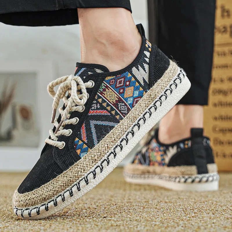 Ethnic Print Mens Fisherman Shoes Comfortable Breathable Men Canvas Shoes Lace-Up Flat Casual Shoes For Men Espadrilles Hommes 250712