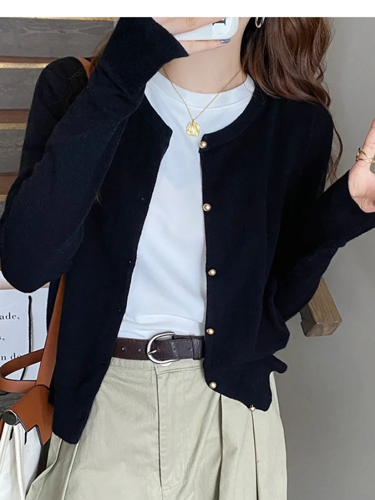 Solid Color Knitted for Women Cardigan Korean Single Breasted Long Sleeve Jumper Woman Round Neck All Match Cardigans Outwear 250710