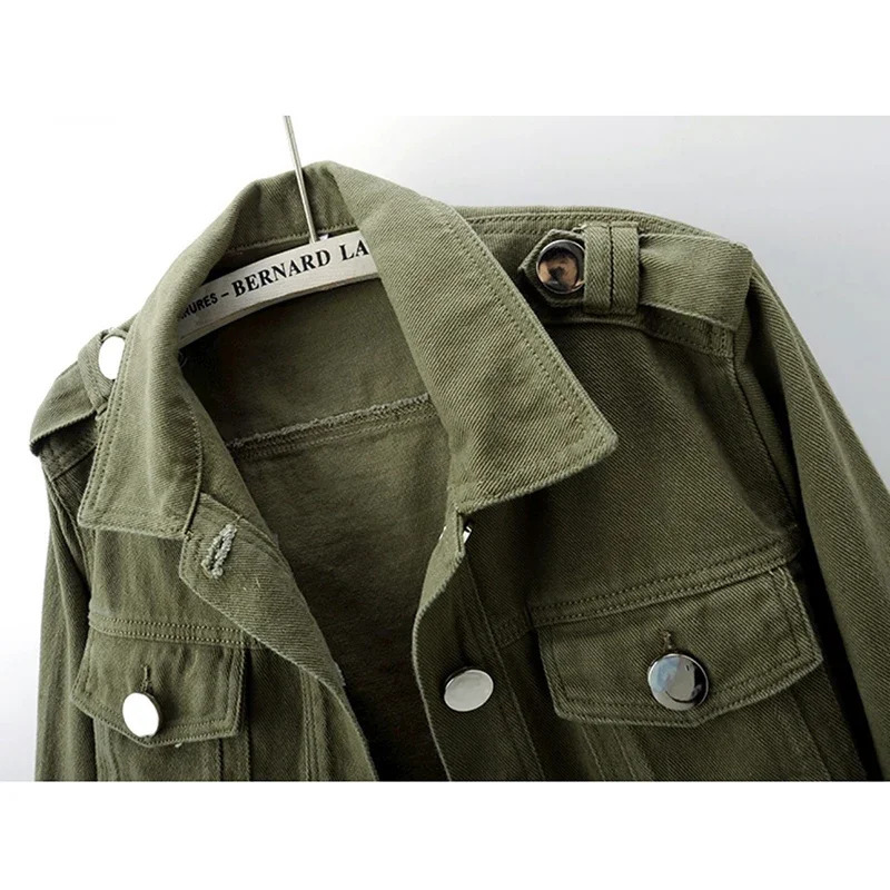 Autumn Vintage Army Green Black Khaki Denim Jacket Women Hem Belt Big Pocket Cowboy Outerwear Loose Short Jeans Jackets Female 250709