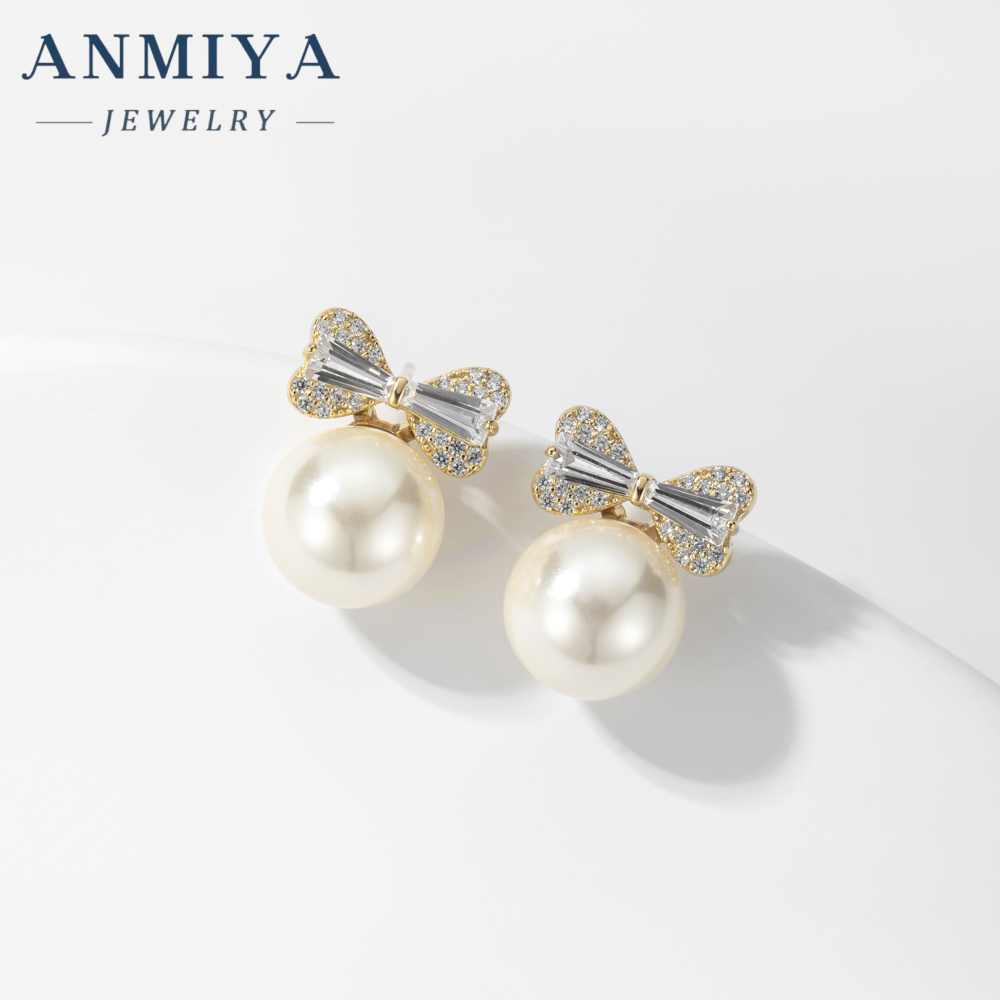 Gold Plated Bowknot Stud Earrings Pearl Festive Earring for Women Girls Christmas Jewelry Gifts