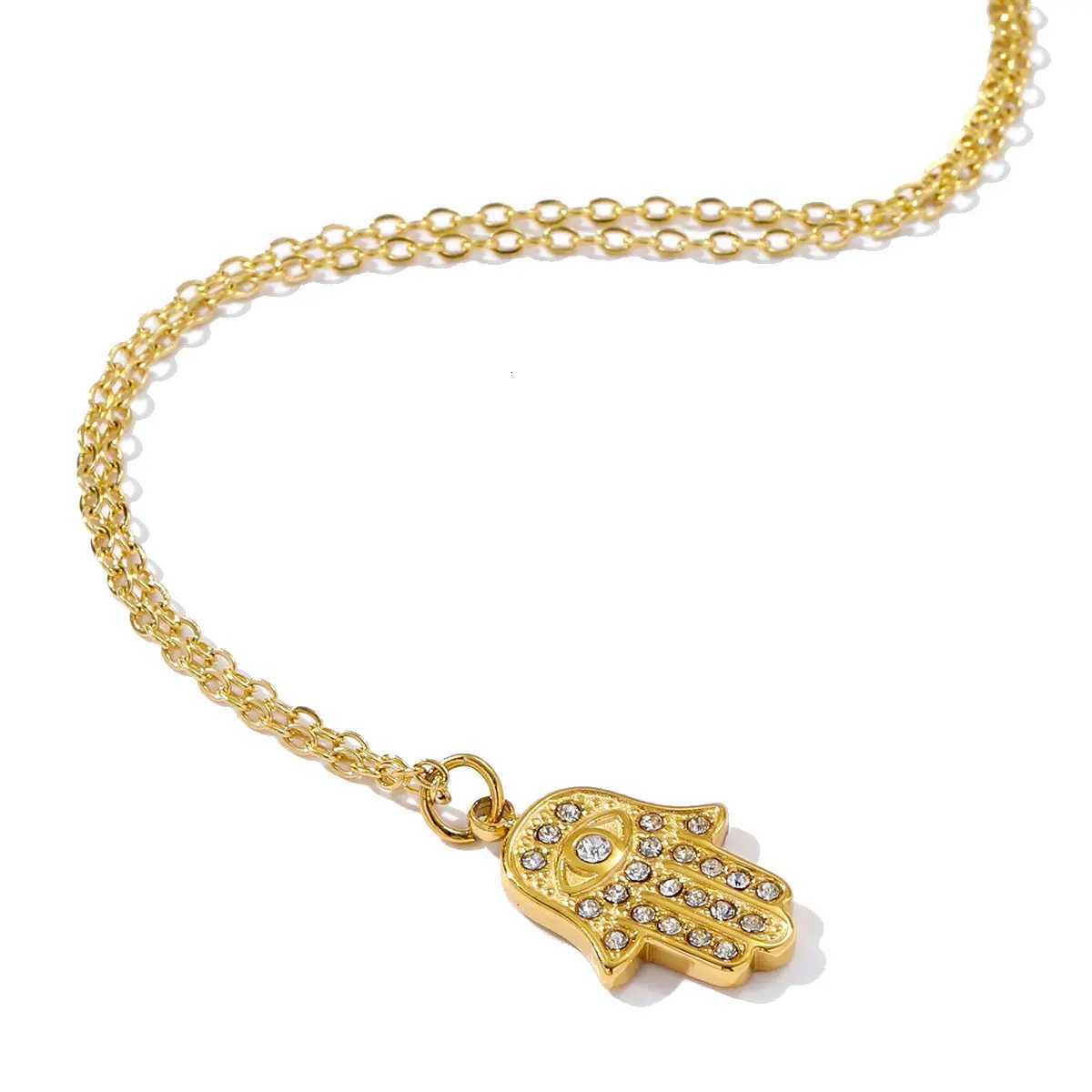 Waterproof Stainless Steel Devil Eye Hamsa Hand Charm Necklace 14K Gold Color Dainty Pendant Choker Jewelry For Women Daily Wear W250712