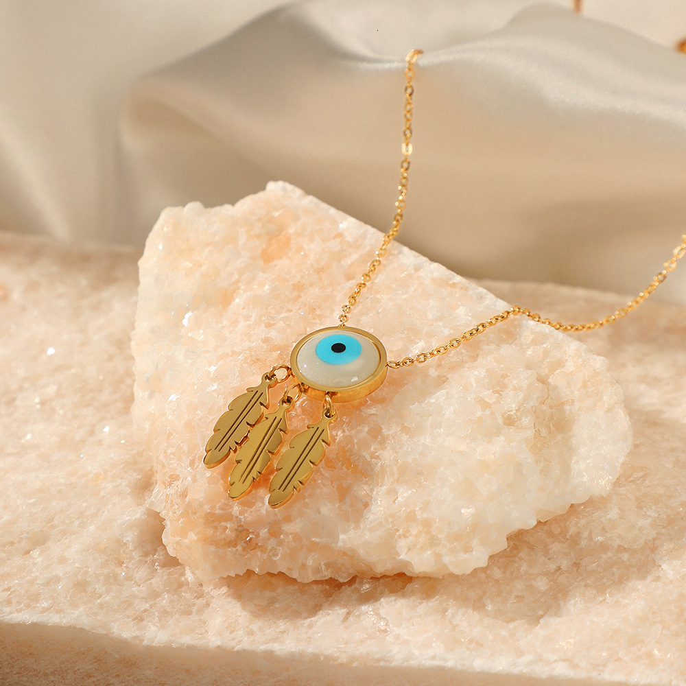 Luxury Jewelry Designer Jewelry European And American Fashion Demon Eye Stainless Steel Necklace For Women, Unique Retro Ethnic Style Leaf Pendant Tit