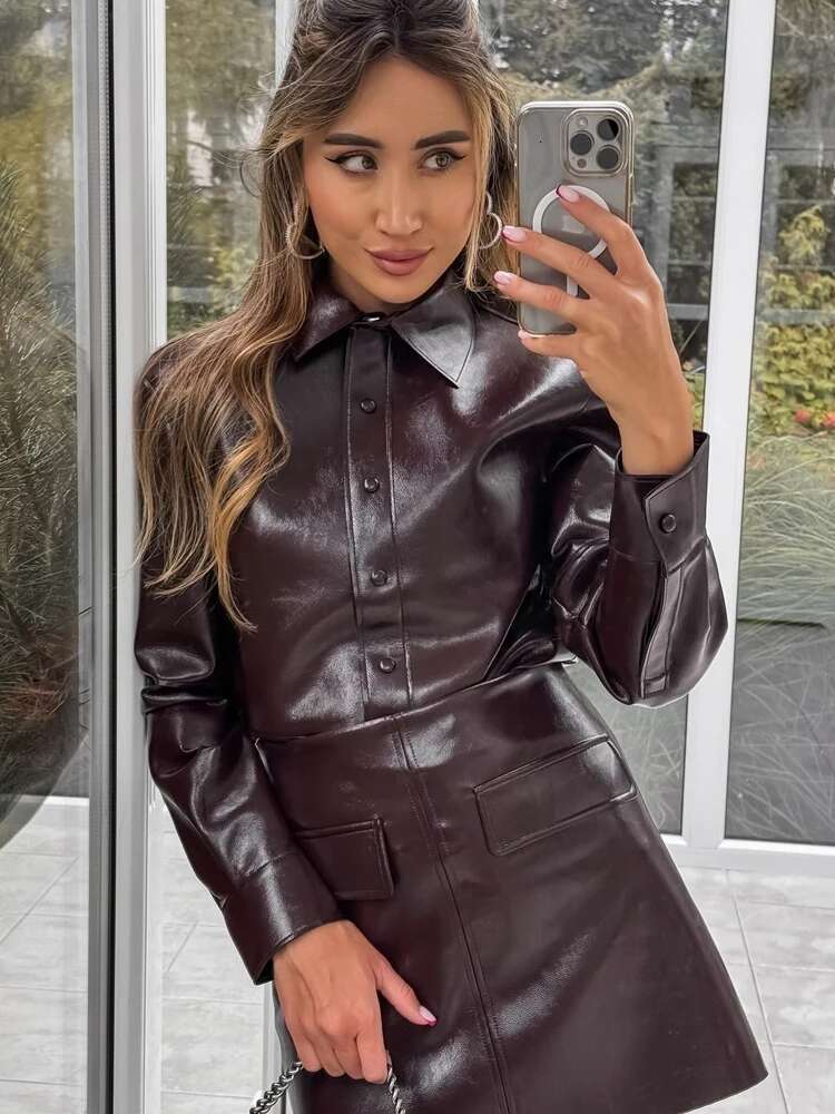 Solid Leather Bomber Jacket For Women Y2k Lapel Single Breasted Motorcycle Coat Female Autumn New Fashion Lady Chic Tops