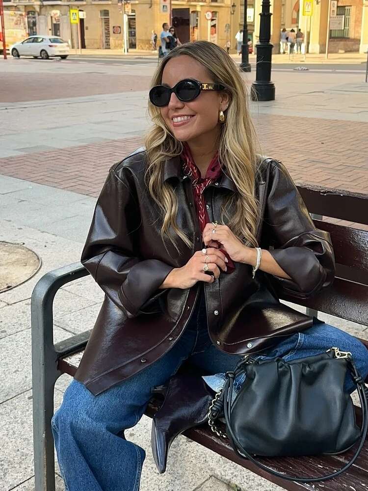 Solid Leather Bomber Jacket For Women Y2k Lapel Single Breasted Motorcycle Coat Female Autumn New Fashion Lady Chic Tops