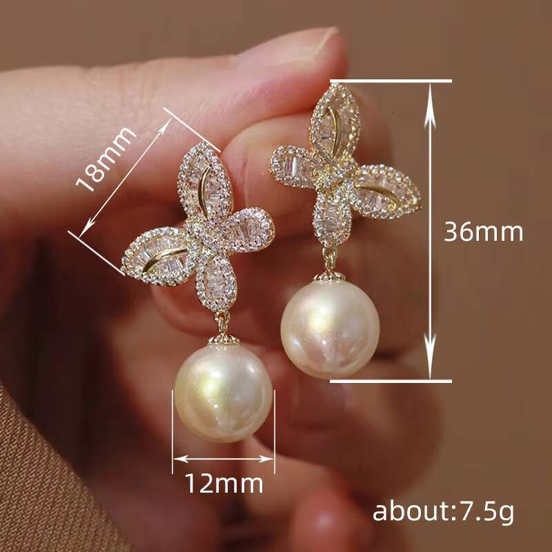 Custom High Quality Butterfly Design Sparkling Zircon Pearl Earrings Women Wedding Silver/Gold Plated CZ Pendant Earrings