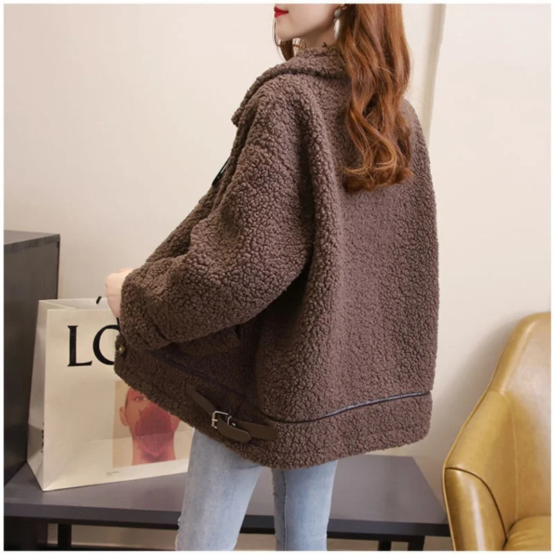 Women Autumn Winter Lamb Wool Faux Fur Thick Plush Warm Cardigan Coat Female Oversized Long Sleeve Turn-down Collar Outerwear 250708