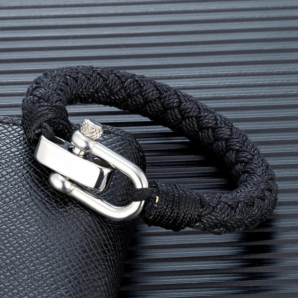 MKENDN Nautical Style Wide Rope Bracelet Fashion Men Stainless Steel Adjustable Shackle Clasp Wrap Bangles Handmade Jewelry Gift 250712