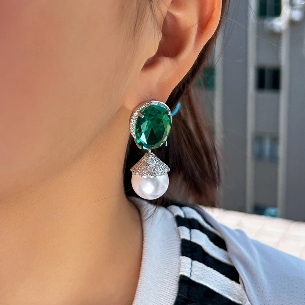 ThreeGraces Elegant Green Cubic Zirconia Big Simulated Pearl Drop Earrings for Women Bridal Wedding Party Jewelry E1933 250711