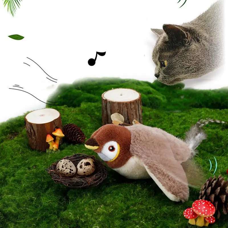 Interactive Cat Toys Rechargeable Flying Bird Cat Toy Chirping Flapping Birdno Flying Can Add Catnip Touch Activated Plush Toy 250708