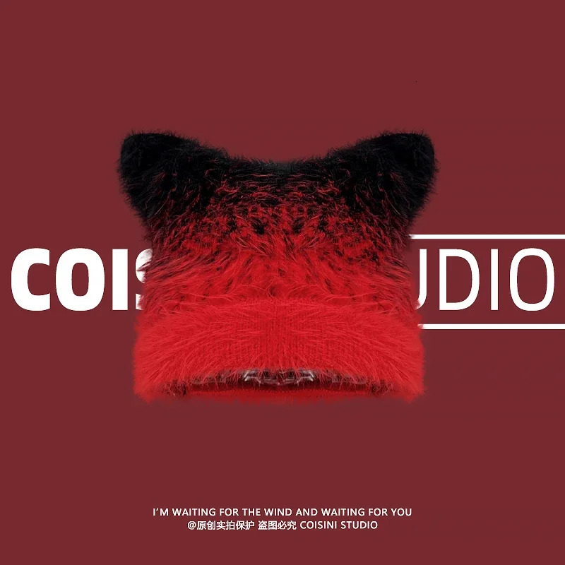 Fashion Gradual Change Color Pullover Beanies Cap Y2K Autumn Winter Leisure Warm Personality Cat Ear Knitted Hats Women 250712