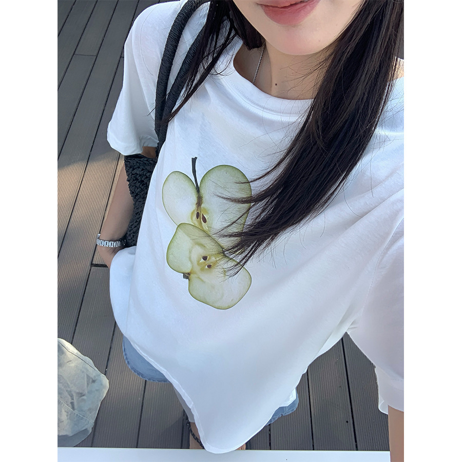 New Women's Top Yellow Zheng Korean Summer Fun Personality Short Sleeve T-shirt with Simple Apple Print Pattern and Off Shoulder Design shirt