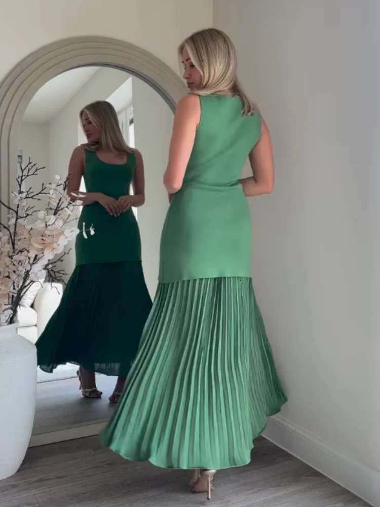Chic Green Knitted Patchwork Pleated Midi For Women Holiday Sleeveless O-neck Party Long Dress Evening A-line Vestidos