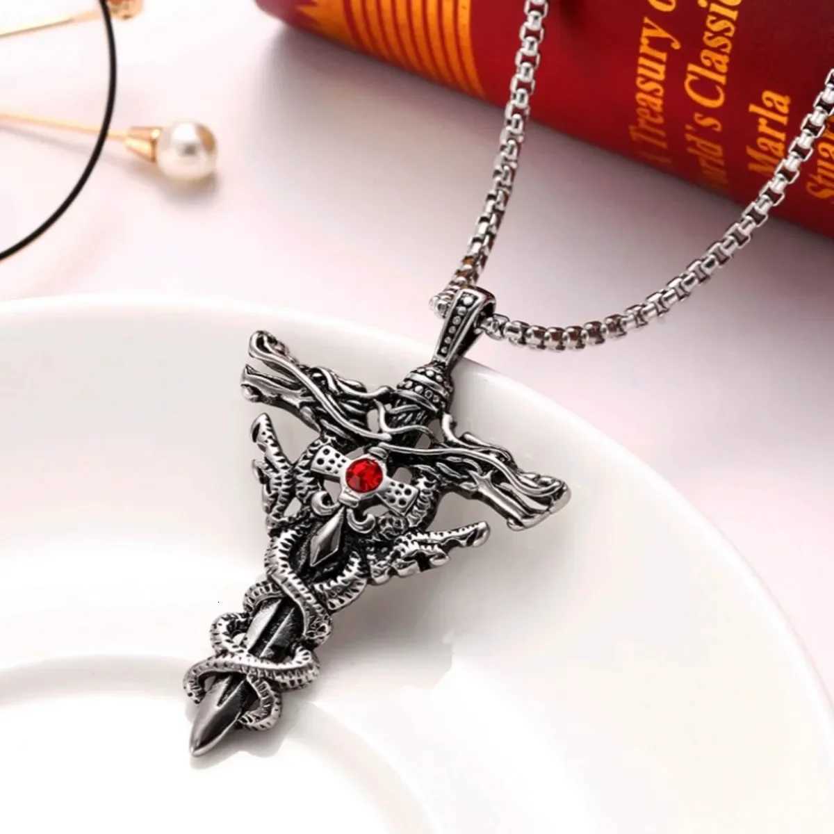 Mens Punk Necklace - Titanium Steel Gothic Dragon Sword Evil Eye Cross Pendant Vintage Dark Jewelry Gift W250712