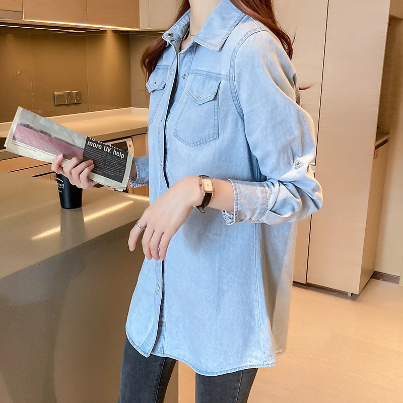 Womens Loose Denim Shirt with Long Sleeves Spring and Autumn Thin Top Mid To Length Jacket Outer 11968 250704