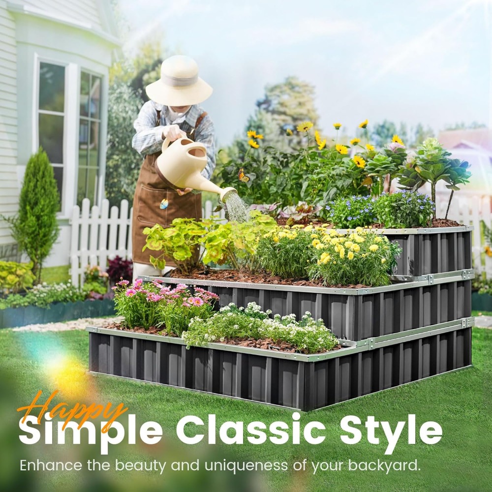 3 Tier Raised Garden Bed Outdoor Metal Patio Planter Box with Gloves, 4' x 4' x 2' for Backyard, Patio to Grow Vegetables, Herbs
